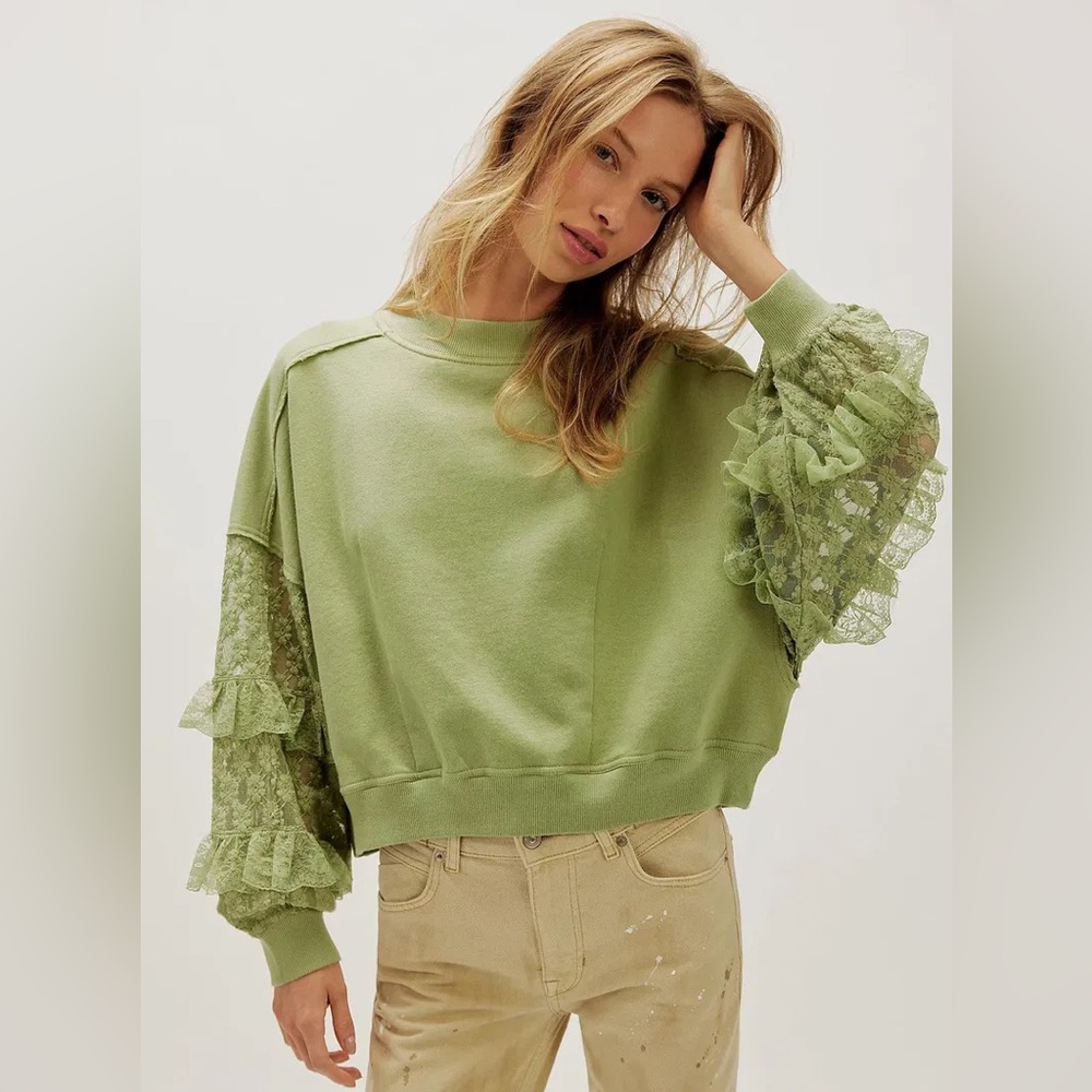 Free People Gaia Lace Crewneck Sweatshirt in Tea Lace-Tiered Sleeve Pullover